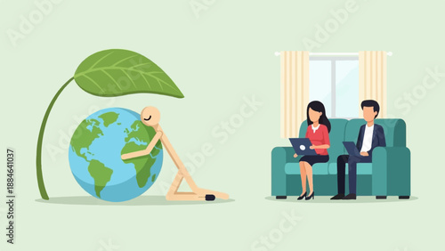 Stick figure embraces planet Earth under a leaf while people work on laptops