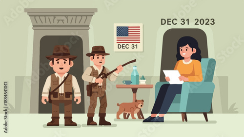 Two explorers and a woman with a dog celebrate New Year's Eve