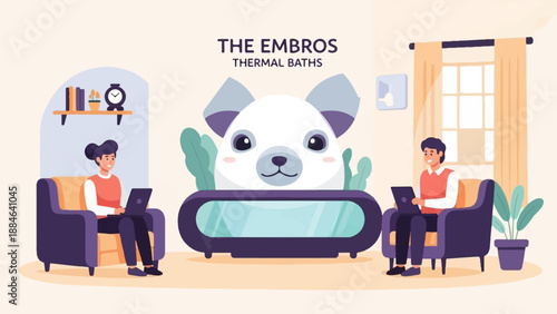 Two people working on laptops in a cozy room with a large cartoon dog head