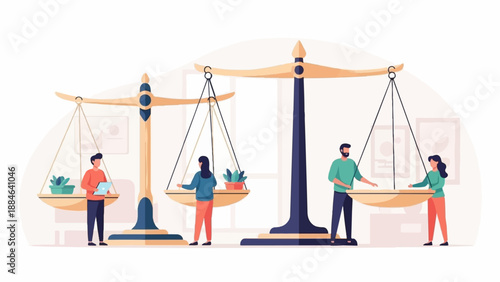 People balancing scales representing justice, work, and life