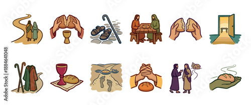 Collection of twelve Christian biblical illustrations depicting the story of two disciples on a journey, featuring scenes of walking, breaking bread, and communion in a simple hand-drawn style