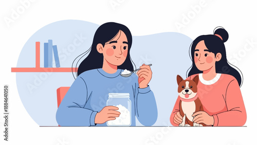 Two smiling girls sharing a pet dog and a jar of food indoors