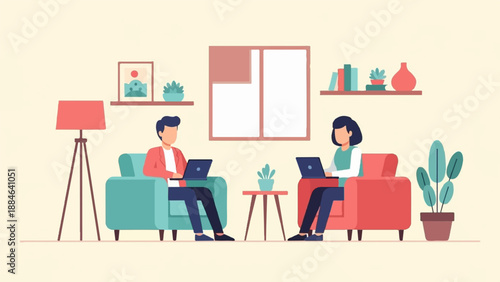 Two people working on laptops in a cozy living room (4)