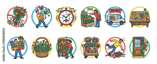 Set of twelve colorful hand-drawn icons depicting the daily operations of a florist business, from arranging bouquets and selling flowers to rush delivery and shop life