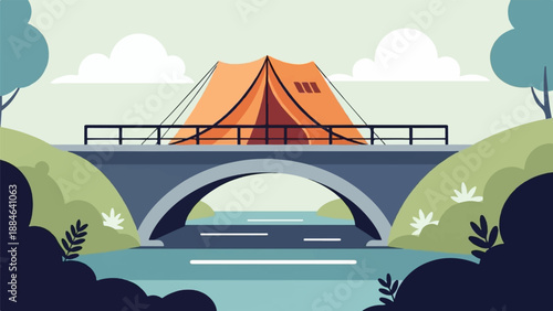 Orange tent atop bridge overlooking river and green hills, stylized flat