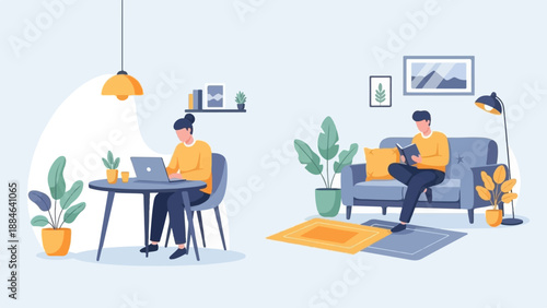 People engaged in remote work and leisure activities within a domestic setting