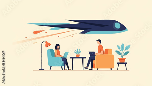 Two people working on laptops in a modern living room with a stylized futuristic vehicle flying above