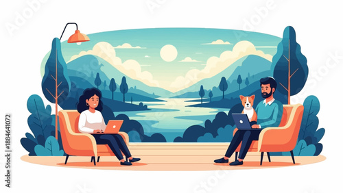 Peaceful remote work scene with people, dog, and scenic landscape