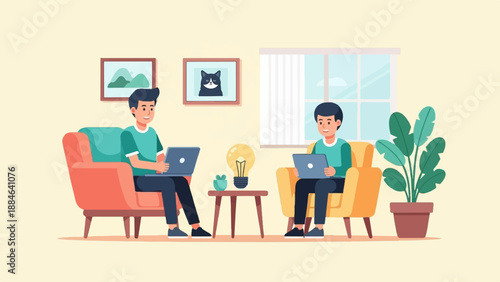 Two men work on laptops in a cozy living room with plants and art