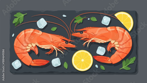 Two large orange shrimp arranged on a dark slate with ice cubes and lemon slices