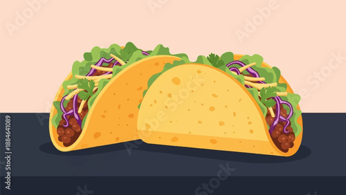 Two delicious tacos overflowing with seasoned meat, shredded lettuce, cheese, and purple cabbage
