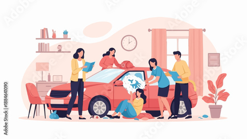 Team collaborates on a car project with books and tools in a room