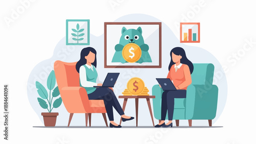 Two women sit in armchairs, working on laptops near a table with coins