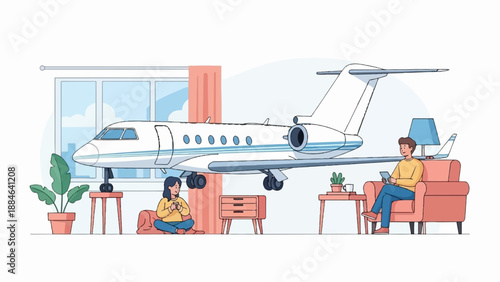 People relax indoors with a private jet parked right outside