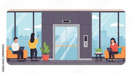 Office lobby with elevator, people working on laptops, and city view