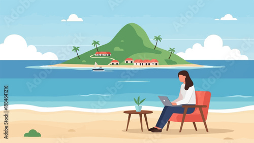 Person working on a laptop at a beach with a tropical island in the background