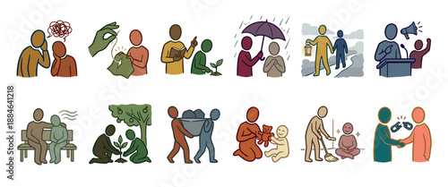 Set of twelve simple illustrated icons depicting human interaction, community values, support, teamwork, and kindness through various symbolic actions like teaching, guiding, and comforting