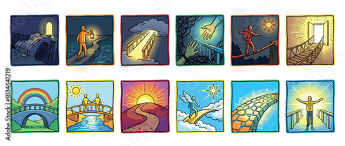 Set of twelve hand-drawn comic style illustrations showing various bridges and paths symbolizing a journey, hope, connection, and spiritual transition from darkness to light