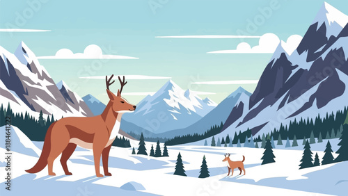 Two deer stand in a snowy mountain landscape with pine trees