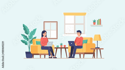 Two people sit on sofas working on laptops in a well-lit room