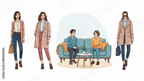Stylish individuals dressed in coats and casual attire, with a couple relaxing indoors on a sofa