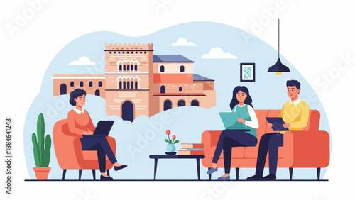 People in a cozy setting, focused on laptops and books, with a building in the background