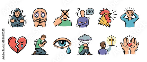 Hand-drawn Christian themed icon set illustrating biblical concepts of sin, repentance, faith, denial, and salvation with symbols like a cross, rooster, and broken heart