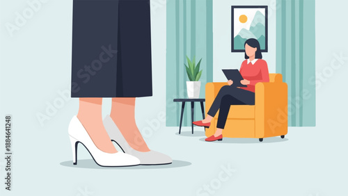 Professional meeting with one person sitting in an armchair, another standing