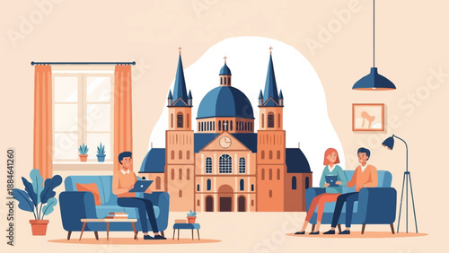 People relaxing indoors with a grand building in the background