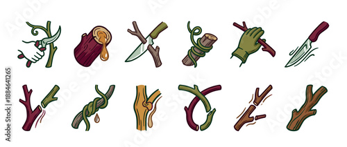 Set of twelve bushcraft and survival icons showing pruning, cutting, grafting, and tying branches with tools like knives and shears in a hand-drawn cartoon illustration style