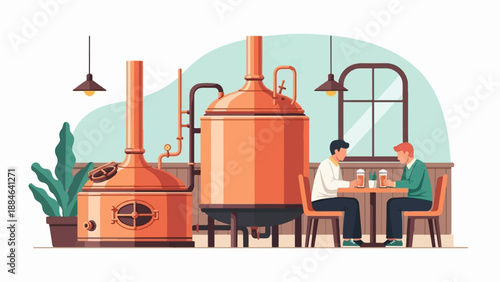 Two men drink beer at tables next to industrial brewing equipment