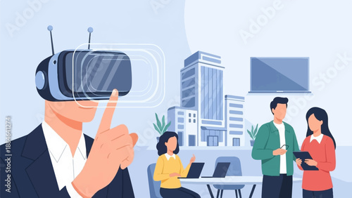 Person in VR headset interacts with futuristic interface, colleagues work nearby