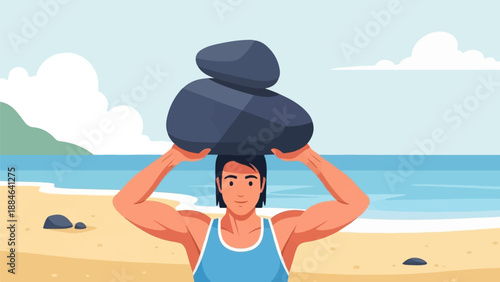 Muscular person balances rocks on head at a tranquil beach
