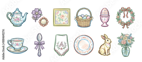 Charming set of vintage Easter illustrations including a bunny, teapot, floral wreath, and decorated eggs in a hand-drawn sketch style with delicate pastel colors