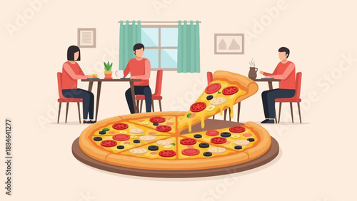 People enjoy a large pizza and hot drinks around a table indoors
