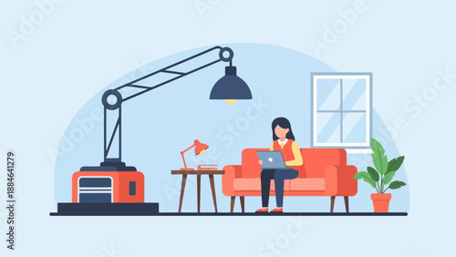 Woman working on laptop while sitting on sofa with lamp and plant