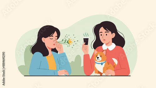 Woman with dog and coffee looks as friend sneezes from flowers
