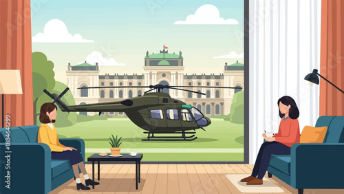 Two women in a living room look out at a helicopter and large building