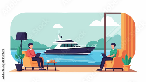 Two people work on laptops in armchairs by a window overlooking a yacht