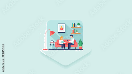 Two people sit on a couch with laptops and tablets in a room