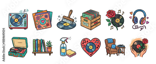 Colorful set of hand-drawn illustrations featuring vinyl records, turntables, headphones, and other music-related items in a charming, retro doodle style for audiophiles