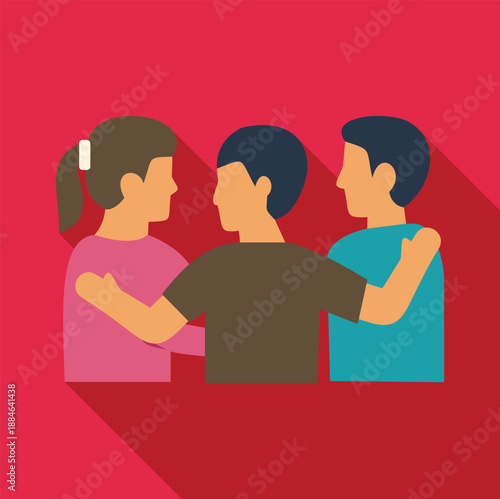 Group of three people hugging, illustrating support, connection and camaraderie