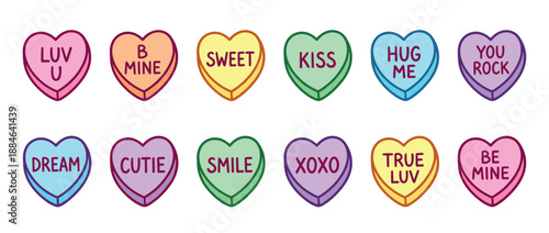 Set of colorful heart-shaped conversation candies with romantic messages is arranged in two rows in a cute, hand-drawn illustrative style for Valentine's Day celebrations