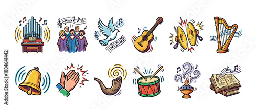 Set of religious music and praise icons featuring a pipe organ, choir, dove, harp, and drum in a colorful, hand-drawn cartoon illustration style for worship and celebration