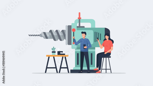 Two people operate a large industrial drill press machine