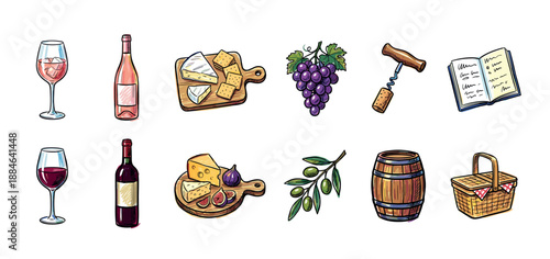 Set of hand-drawn wine and food illustrations featuring glasses, bottles, cheese boards, grapes, and a picnic basket in a colorful sketch style for gourmet concepts