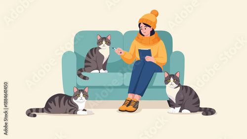 Woman in winter attire interacts with cats on a sofa