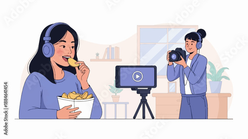Woman wearing headphones eats chips while another films her with a camera