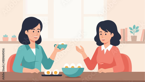 Two women sit at a table, sharing and discussing hard-boiled eggs