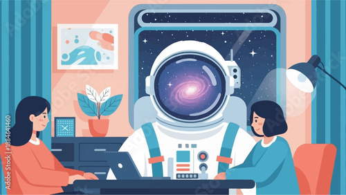 Two women work at desks with an astronaut observing from a window